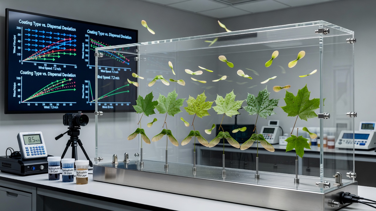 Close-up of seed trajectories captured during wind tunnel tests with coated versus uncoated leaves